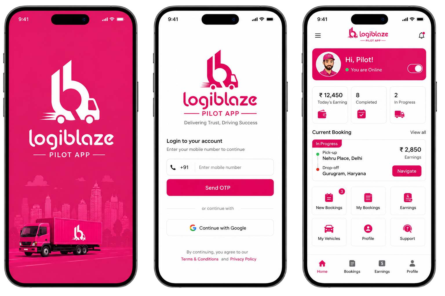 Logiblaze Pilot App preview screens